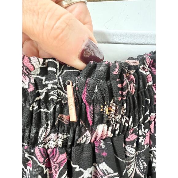 MISA Los Angeles Ceria Pull On Ruffle Tiered Mini Skirt Black Fuchsia Floral M - Picture 6 of 8
